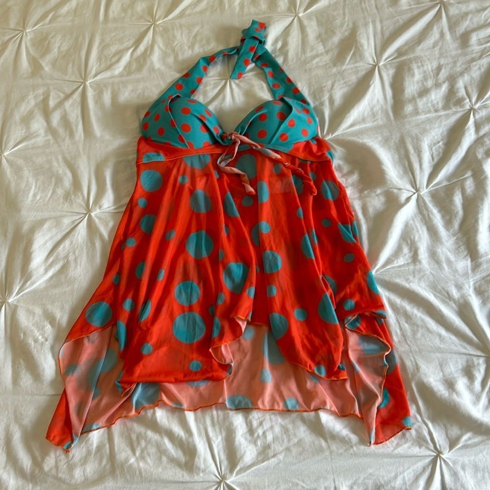 Blue and Orange Retro 70’s Polka Dot Halter Tankini Top Summer Swimwear Medium